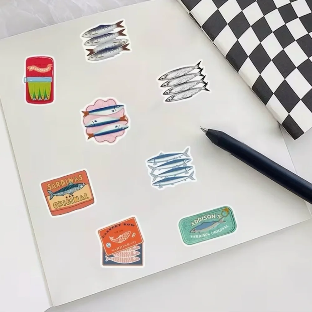50 Sardine Tin Can Fish Stickers Colorful Nautical Mediterranean Sea Italian - Picture 9 of 10